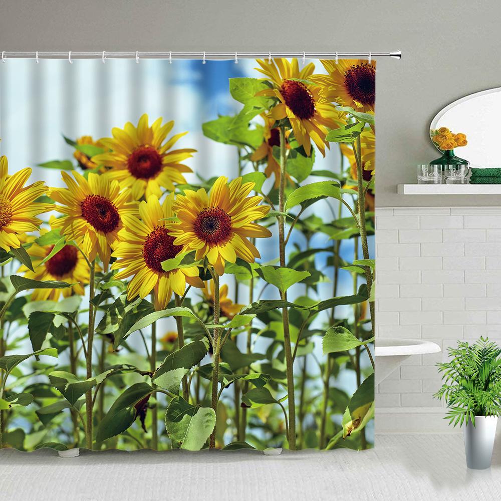 Waterproof Shower Curtain Set Flowers Arch Bridge Landscape Home Decor Bathroom Curtain Polyester Fabric Background Wall Decor