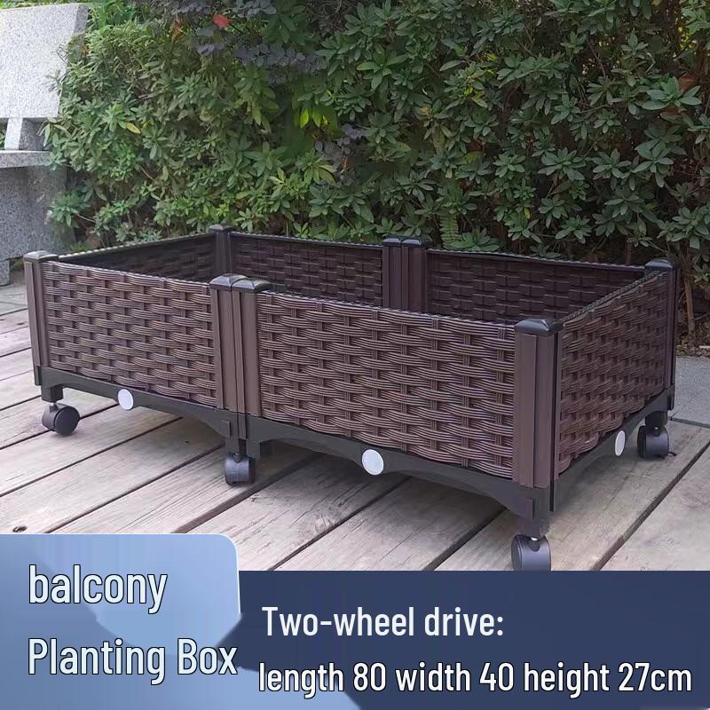 Outdoor Rattan-Style Double Planter with Wheels