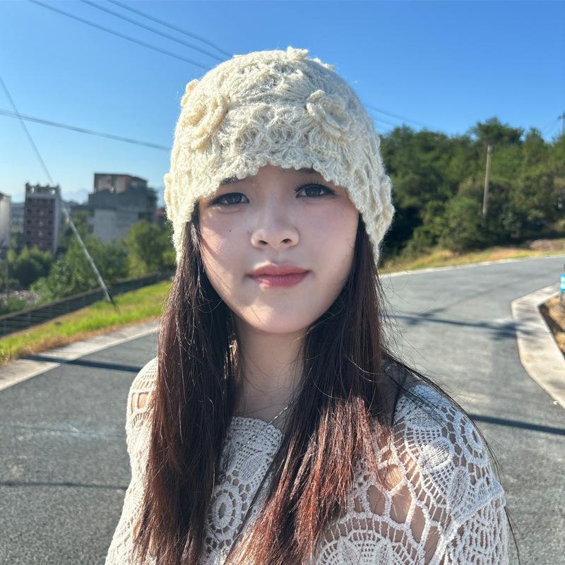 Women Handmade Floral Crochet Knit Hat, Hollow Lace Flower Beanie Cap, Soft Warm Ear Protection Hat for Autumn Winter