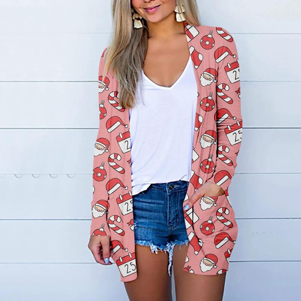 Chaqueta tipo cárdigan de longitud media con estampado navideño informal a la moda para mujer