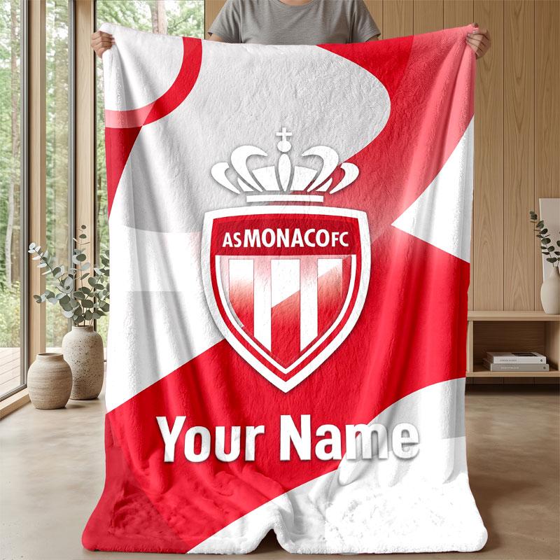 Monaco FC Custom Name Text Flannel Blanket Soccer Logo Personalized Fleece Throw Blanket Special Gift For Sofa Bedroom Home