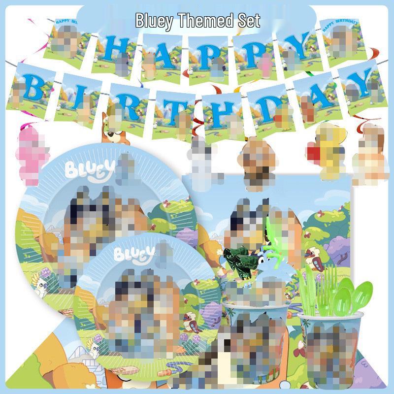 Bluey Birthday Party Tableware Set: Disposable Plates, Cups, Flags, Cake Toppers