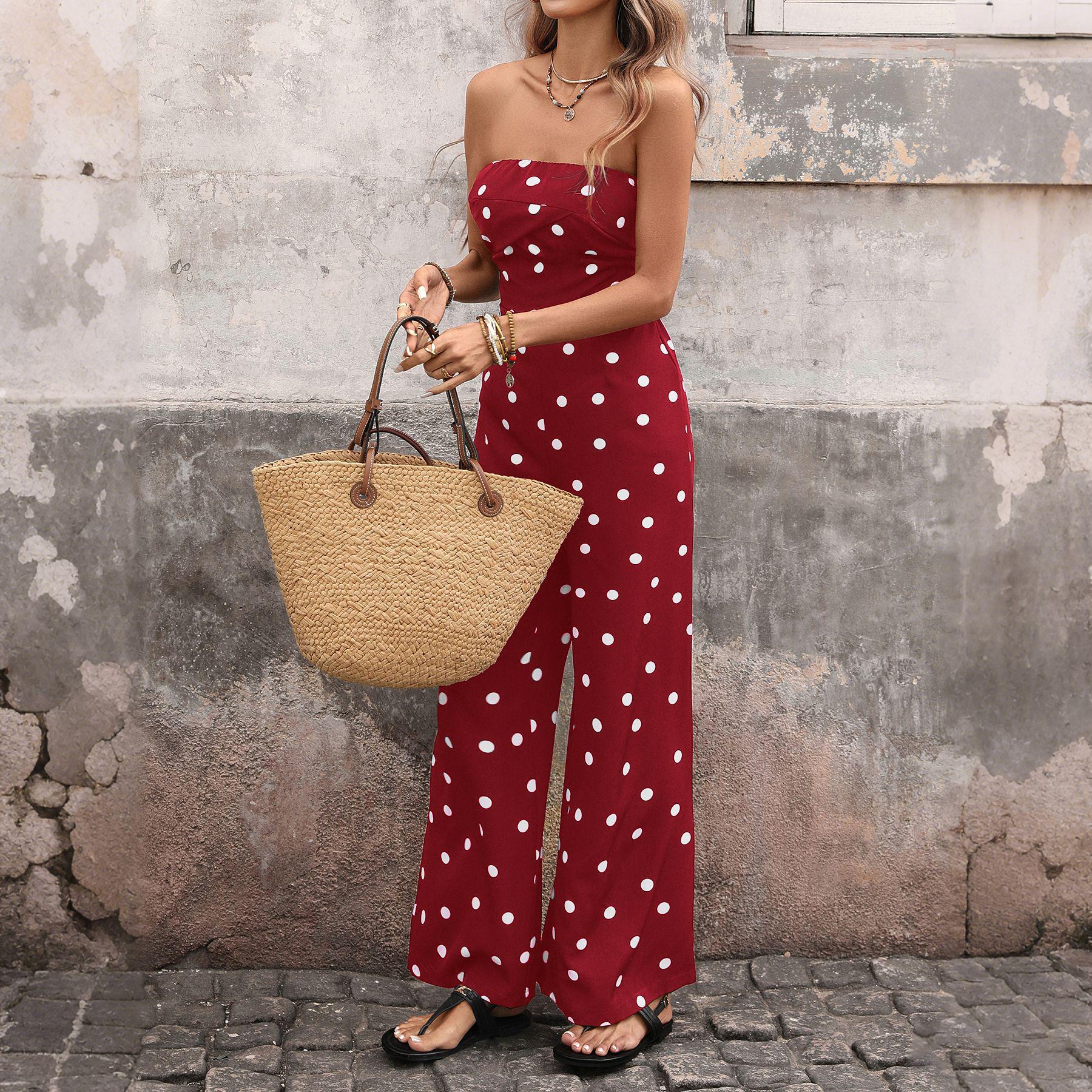 European & American 2026 Summer Retro Polka Dot Strapless Jumpsuit - High Waist, Wide Leg, Long Design Small