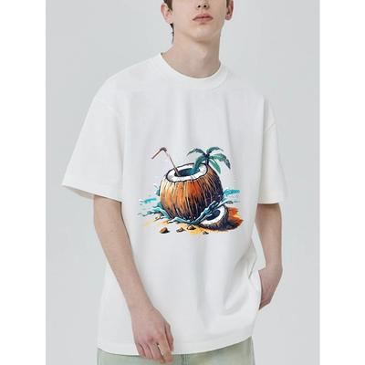 Rundhalsshirt Schwarz Kokosnuss-Cocktail mit Palme und Strohhalm Sommer Strandurlaub Kleidung