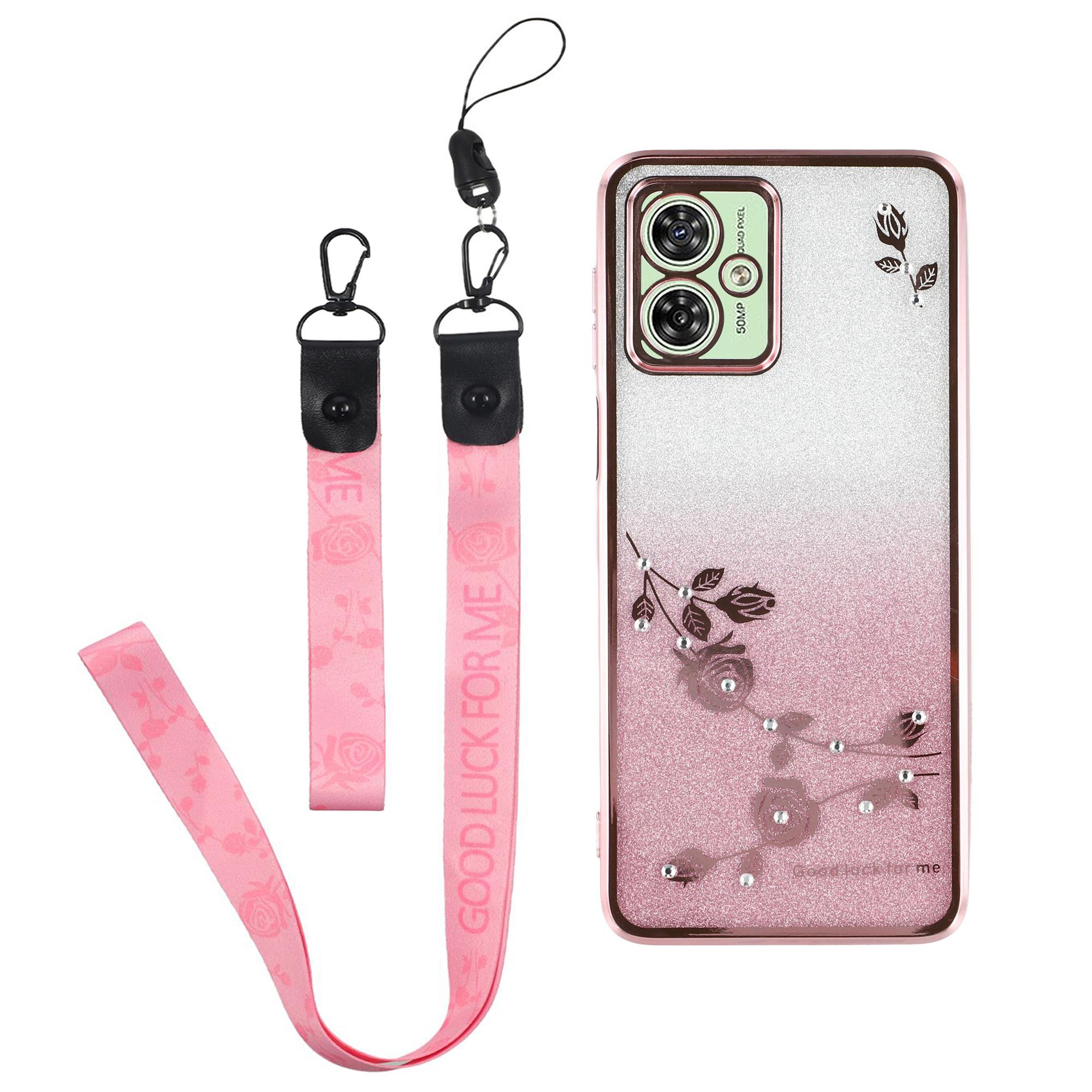 

KADEM For Motorola Moto G54 5G/G64 5G TPU Case Rhinestone Flower Phone Cover with Lanyard Rose Gold