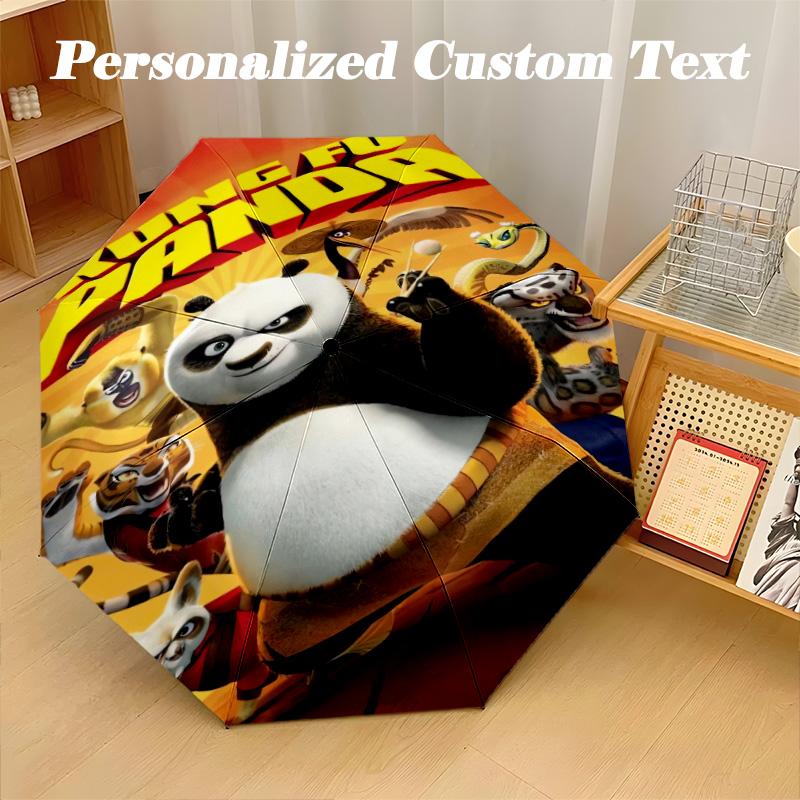 8‑Rib Automatic Umbrella, Kung Fu Panda Design Foldable Umbrella for Sun Rain Protection Travel