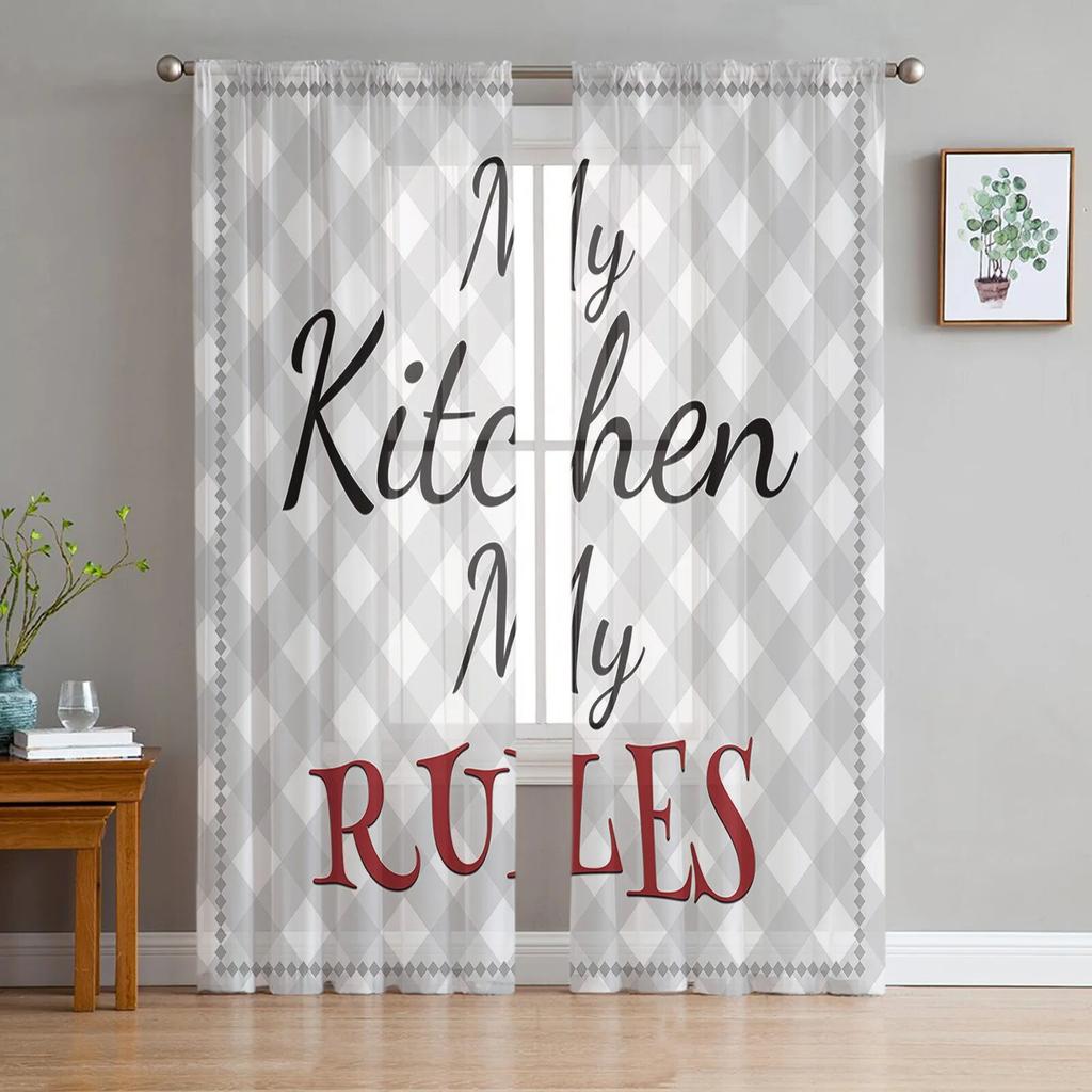 Kitchen Utensils Plaid Tulle Curtains For Living Room Chiffon Voile Sheer Window Curtain For Bedroom