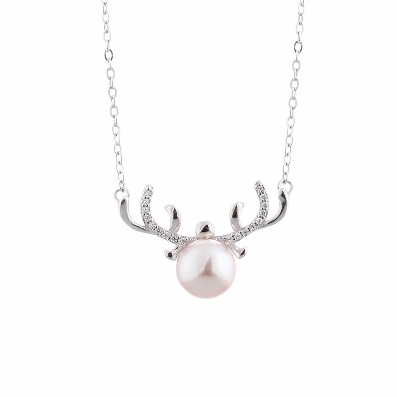 

S925 Silver Reindeer Freshwater Pearl Necklace - Korean Style Christmas Gift Empty Mount
