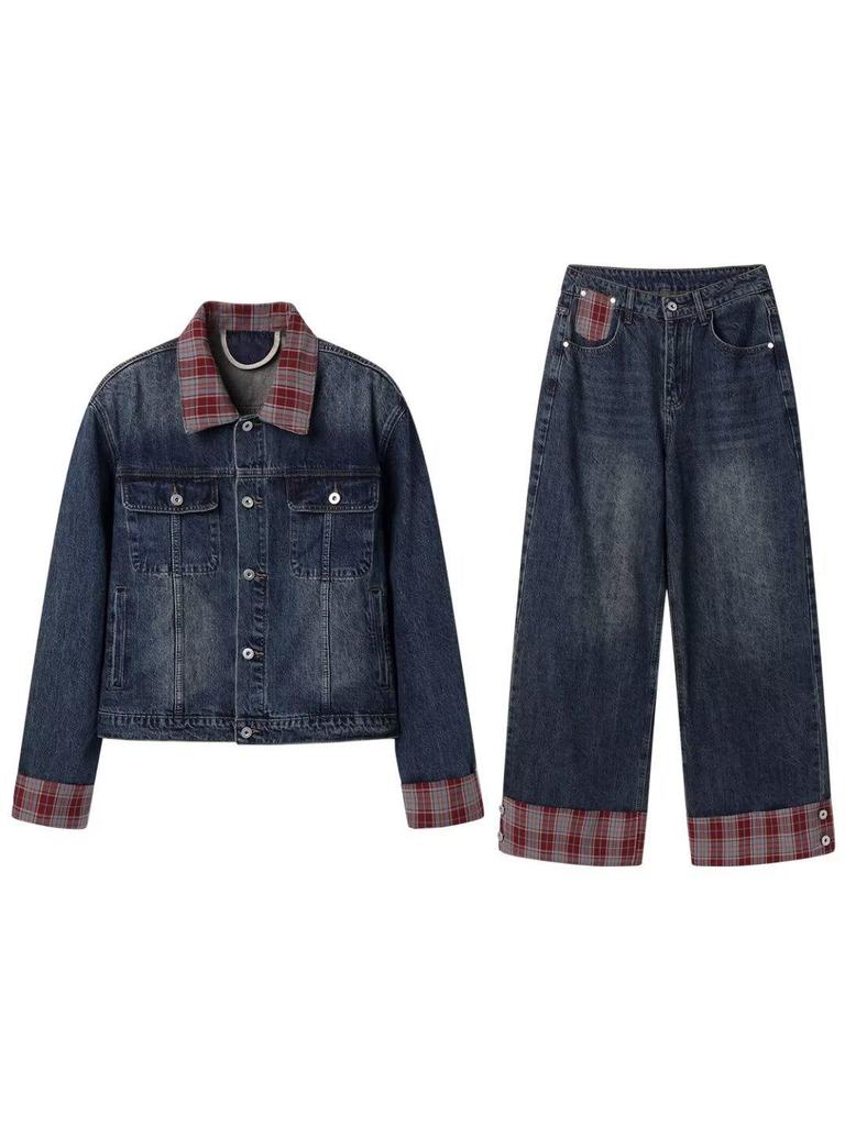 American Fashion Plaid Lapel Denim Jacket & Men's Retro Jeans Two-Piece Suit