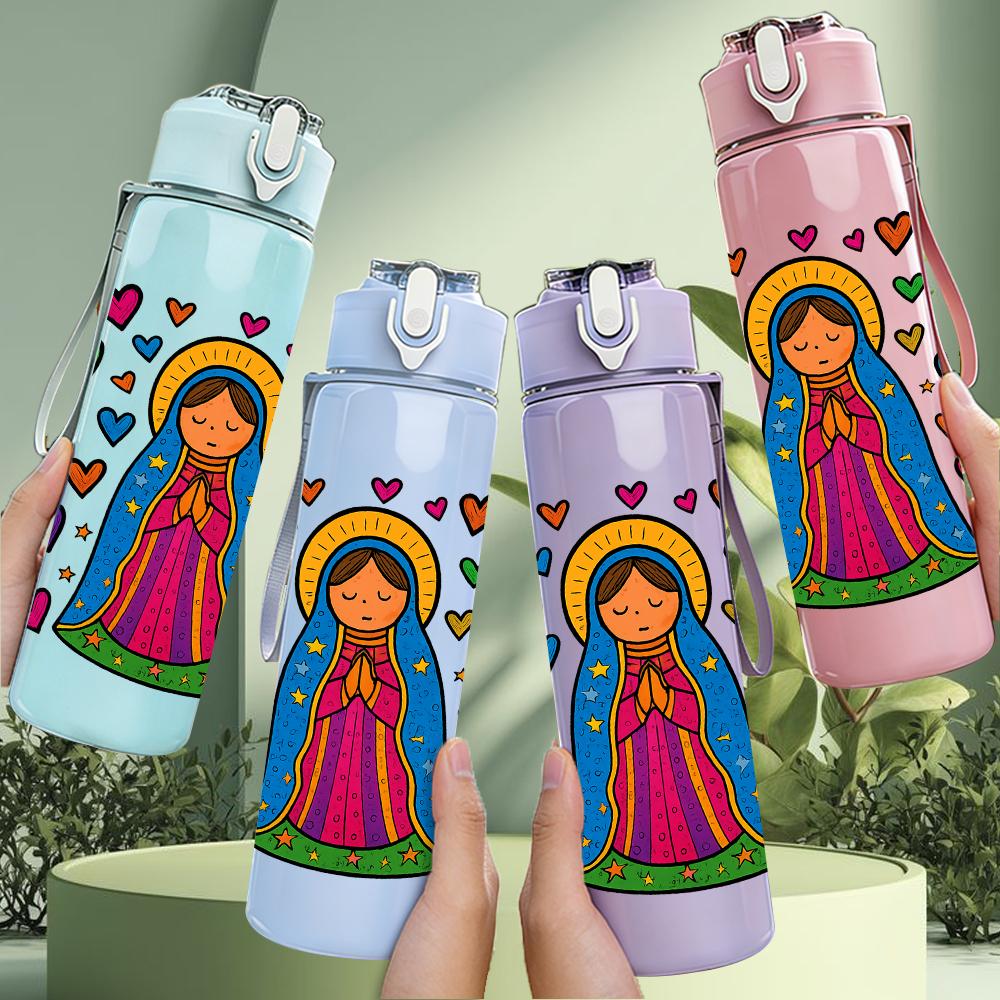 1PC Virgin Mary Heart Floral Frame 750ml Color Plastic Sports Water Bottle Leakproof Flip Straw Lid For Sports Office Home Use