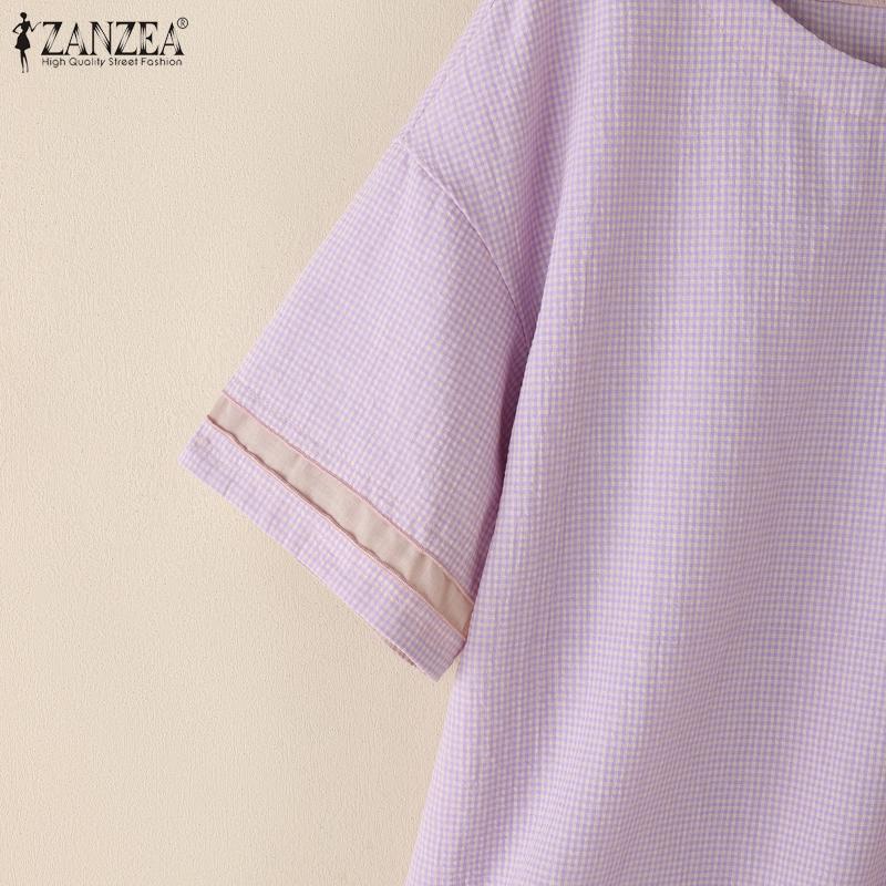 ZANZEA Women Summer Round Neck Casual Grid Print Short Sleeve Blouse