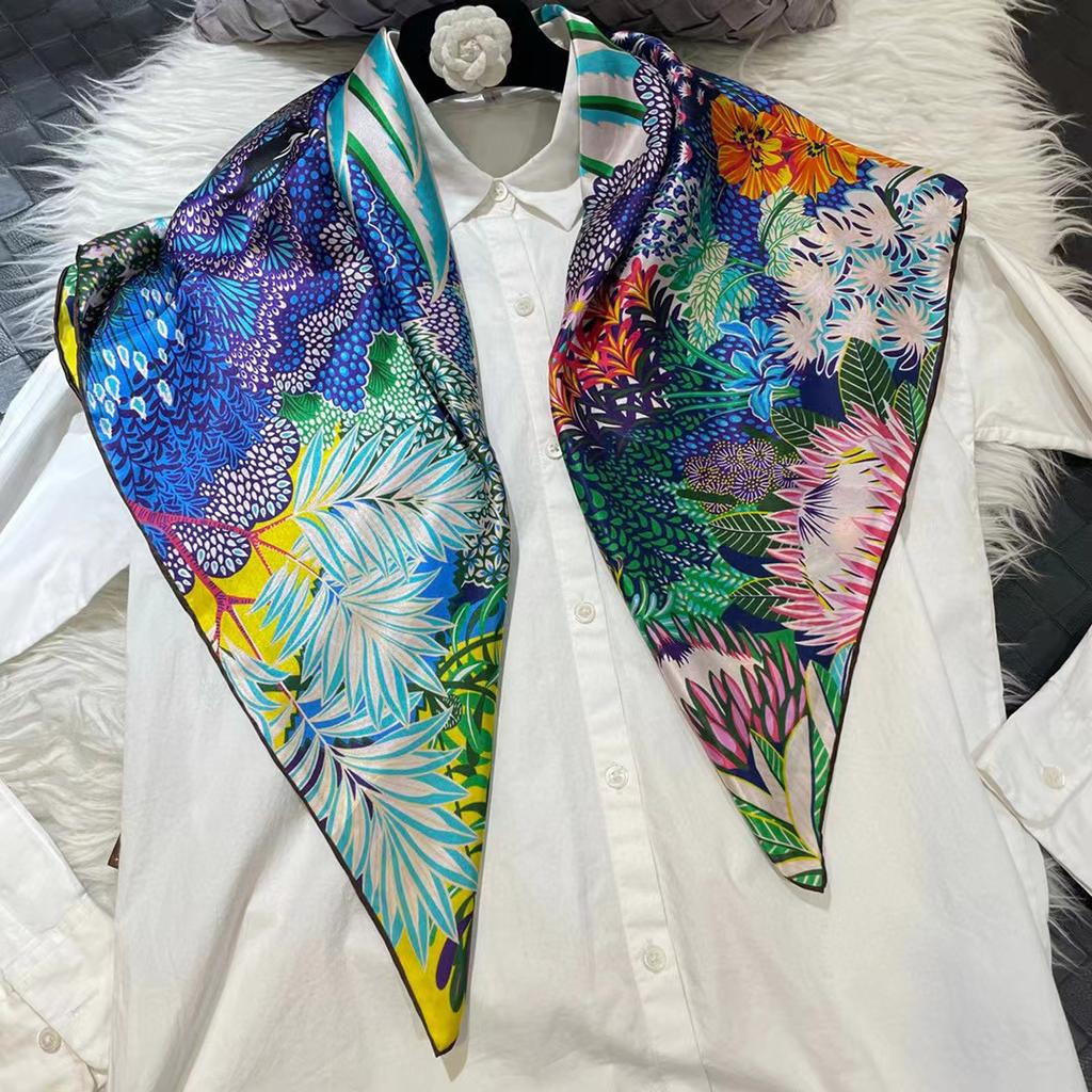 Bysifa|New Blue Silk Scarf Hijab Shawl Women Fashion Accessories Head Neck Scarves Printed Fall Winter Square Scarves Wraps 90Cm