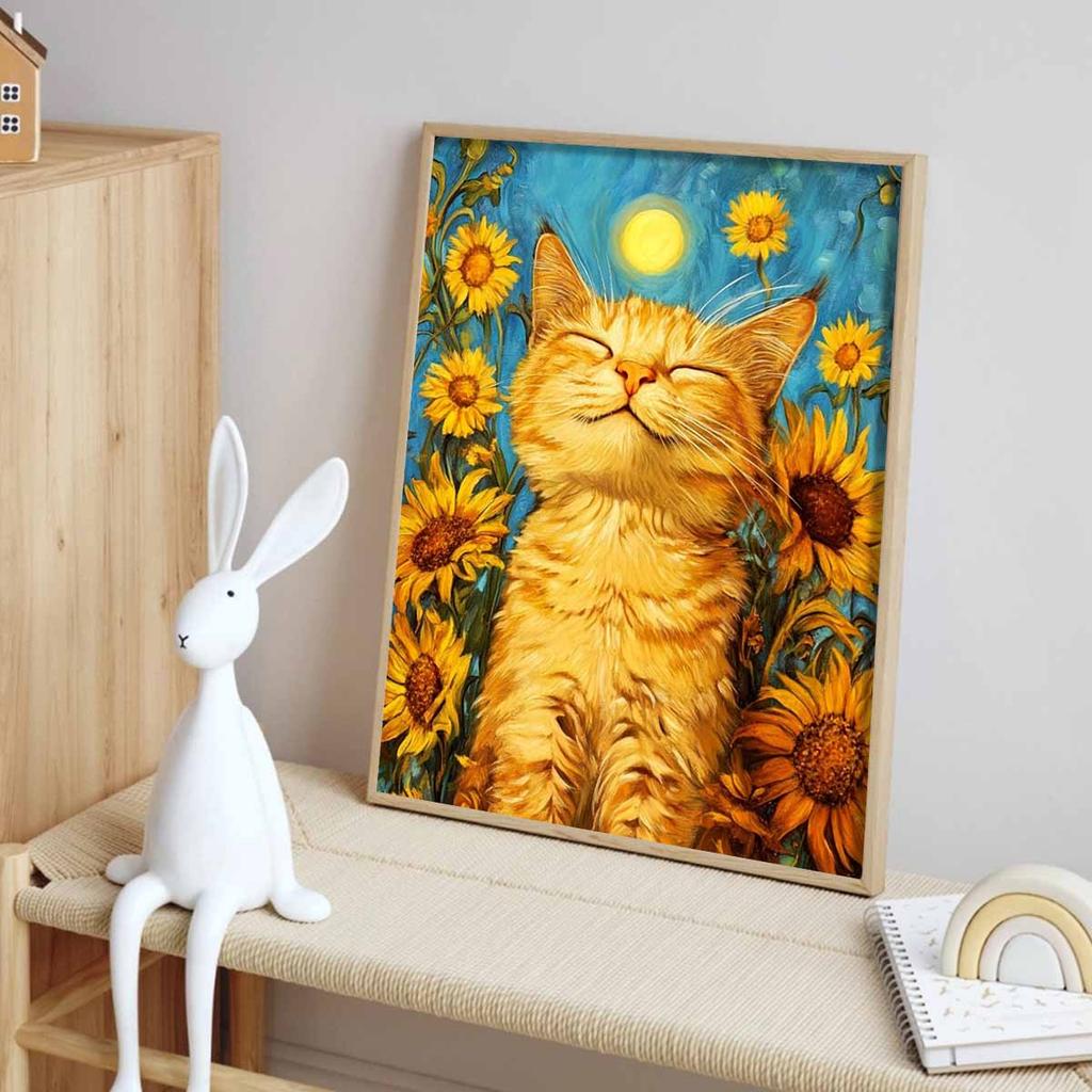 Sunflower Kitten Diamond Art Piece Set, 5D DIY Full Square Diamond Dot Gemstone Crystal Craft Decoration Home Wall Mural