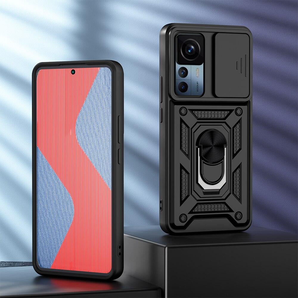 KEYSION Shockproof Case for Xiaomi 12T Pro 5G Push Pull Camera Protection Ring Stand Phone Cover for Redmi K50 Ultra