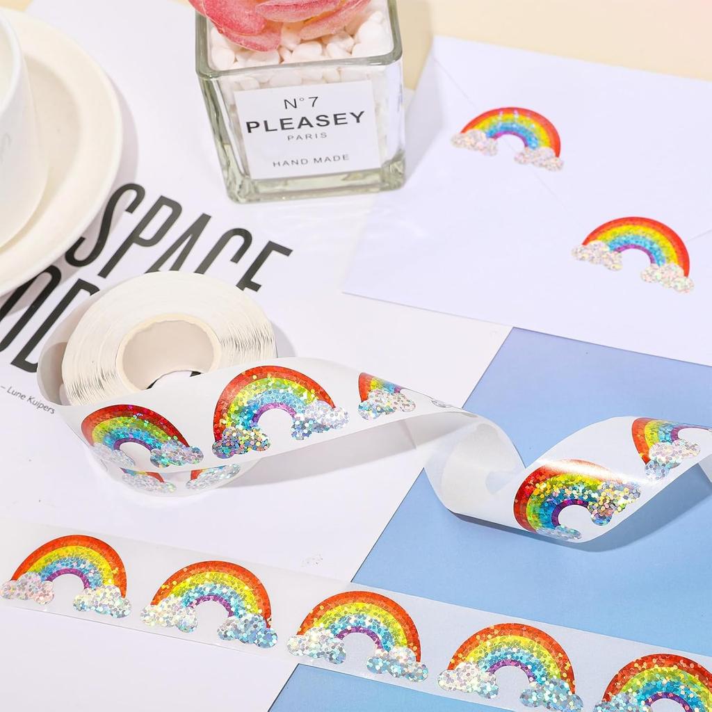 500 Pcs Rainbow Stickers Roll Laser Colored Rainbow Shape Seal Stickers Waterproof Self-Adhesive Decals For Envelope