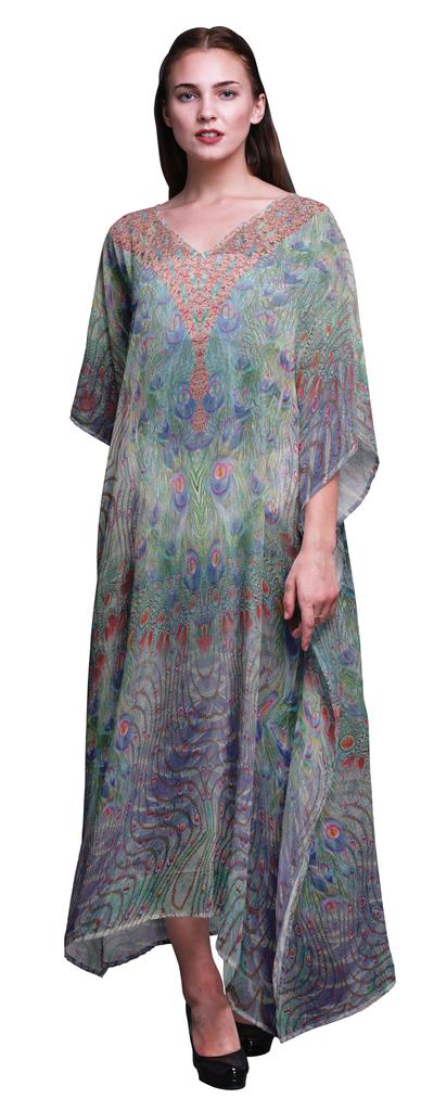 Phagun Peacock Feather Ladies Plus Size Kaftan Summer Wear Beach Coverup Kimono