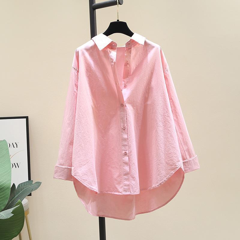 Damska Koszula Casual Guziki Bawełna Biała Wiosna Długi Rękaw Jednolity Luźny Bluzki Biuro Eleganckie Top