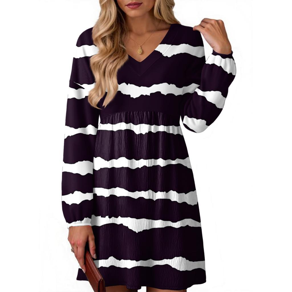 Women's Fashion Striped V-Neck Long Sleeve Dress
