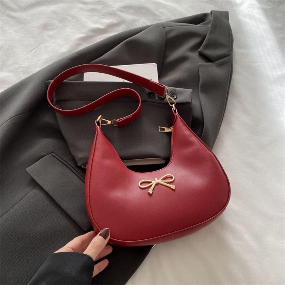 PU Leather Bow Shoulder Bag Handbag Crossbody Bag Portable Crescent Bag  Girls