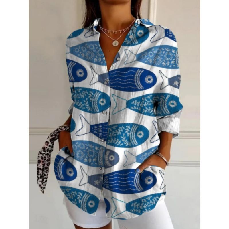 Sommer Damenhemd Blume Aktiv Stilvolle Bluse Reverskragen Bluse Damen Langarmhemden Damenkleidung Damenkleidung