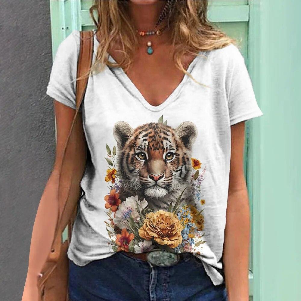 Summer V-neck 3D Animal Pattern Printed Top Fashionable Casual Short Sleeved Women's T-shirts