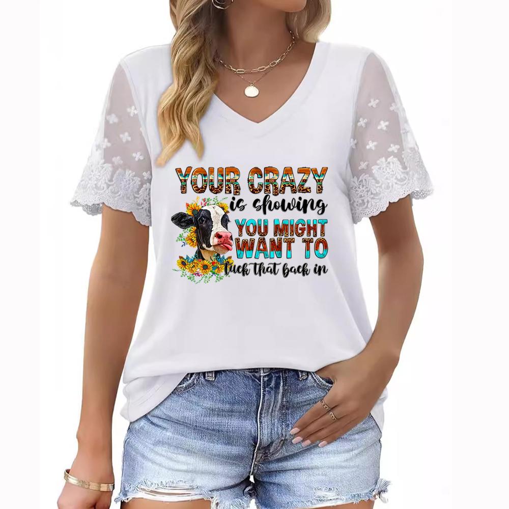 Plus Size Women's Summer V-Neck T-Shirt with Short Sleeves, Floral Print, and Lace Sleeves