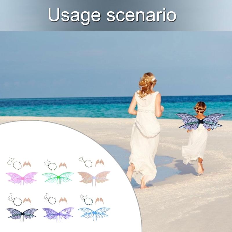 Girls Butterfly Wing Elf Wing with Elf Ears Flower Wreath Halloween Costume Accessories for Girl Christmas Wedding