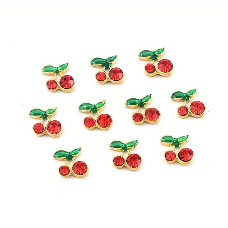 10pcsHypoallergenic 3D Cherry Nail Art Charms with Sparkling Zircon - Elegant DIY & Salon Jewelry In Packs