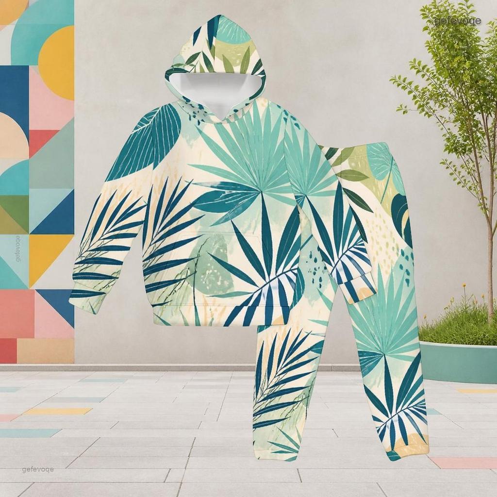Girls Tropical Leaf Printed Hooded Long Sleeve Kangaroo Pocket Top Cuffed Pants Two Piece Set