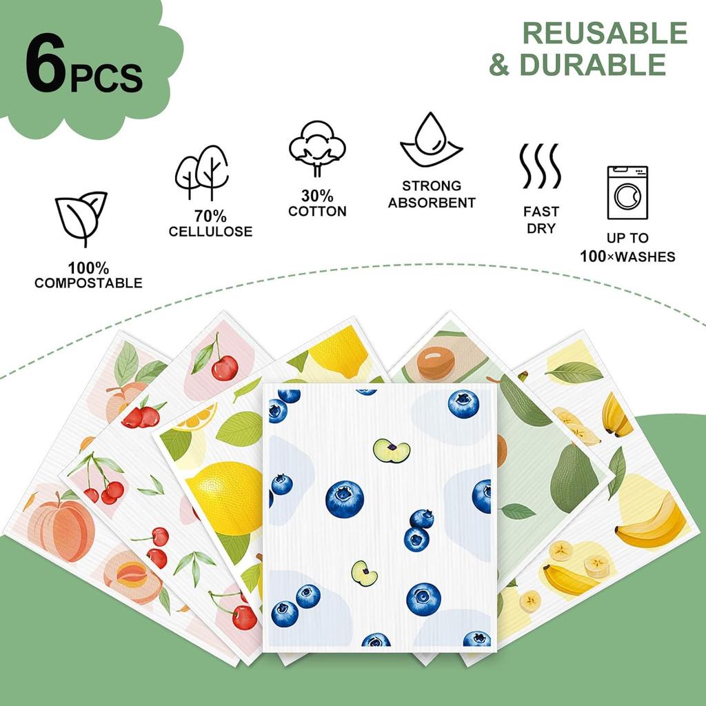 Swedish Dishcloths for Kitchen, 6 Pack, Reble Paper Towels Washable,Super Absorbent, Fast Dry Cleaning Cloths,Non-Scratch, No Odor, Biodegradable
