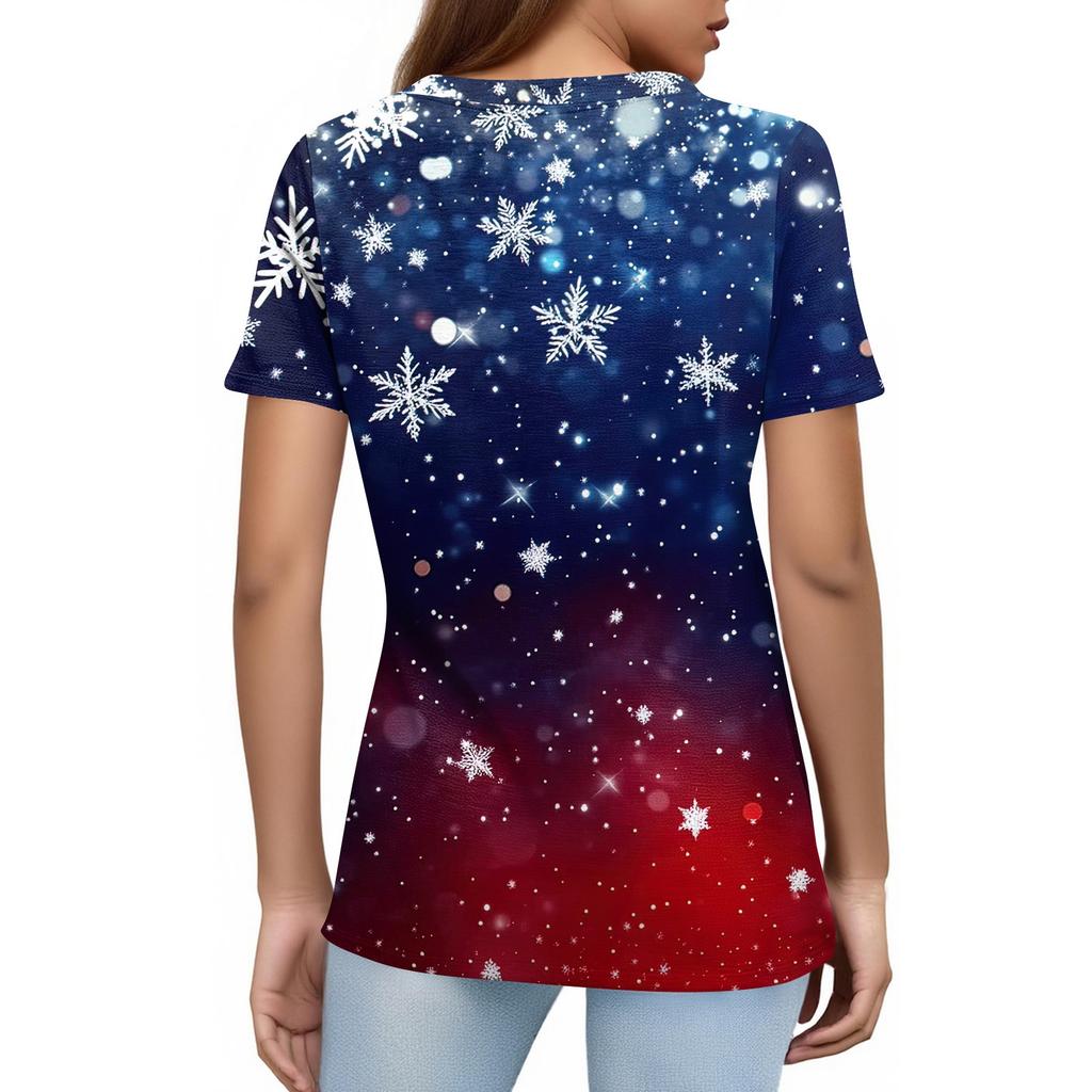 Μοντέρνα Γυναικεία Casual Μπλούζα Πουλόβερ με Κοντό Μανίκι και Χριστουγεννιάτικη Εκτύπωση με Στρογγυλή Λαιμόκοψη