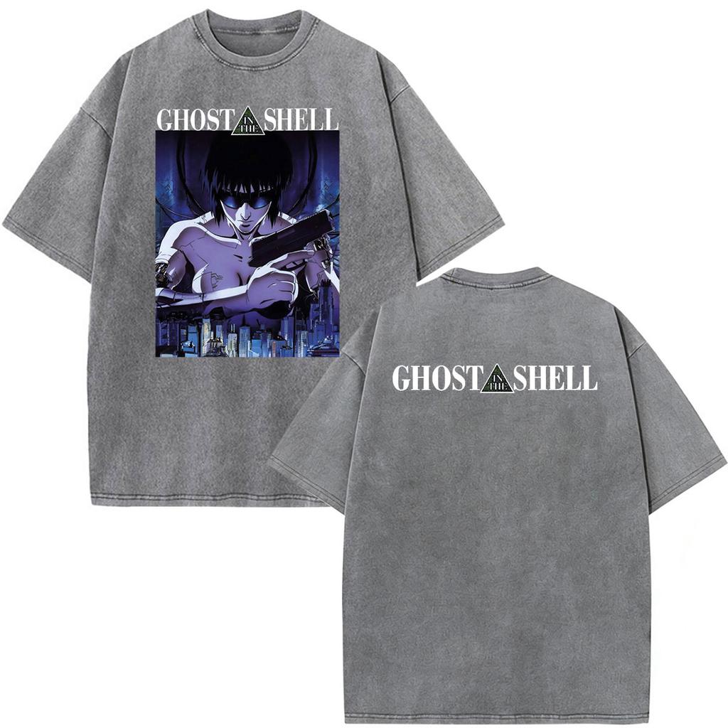 Anime Ghost In The Shell Motoko Kusanagi Vintage Washed T Shirts Men Women Clothing Casual Short Sleeve Oversized Tshirts Tops