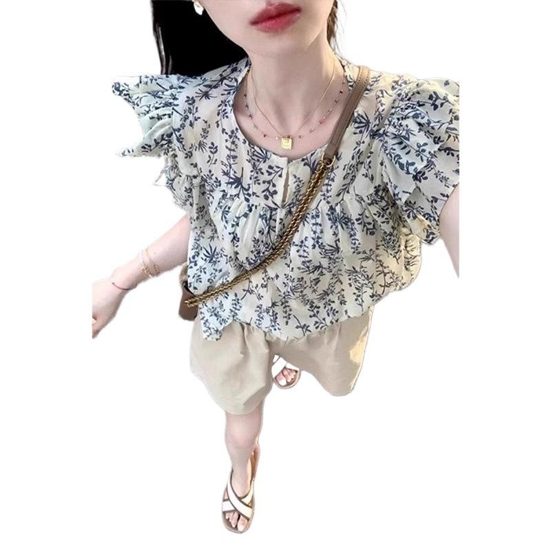 Lotus Leaf Edge Short-sleeved Shirt Women's Summer Thin Age-reducing French Small Fly-sleeved Floral Doll Shirt Beautiful Top