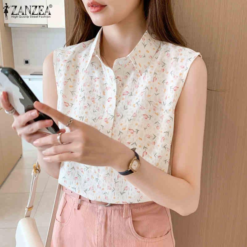 ZANZEA Women Casual Turn Down Collar Summer Floral Print Sleeveless Blouse