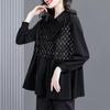 Black Shirt Women's Long Sleeved Plus Size Patchwork Mid-length Shirt Women's Casual Loose T-shirt