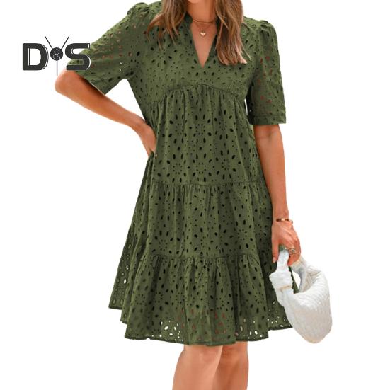 

Женское платье с вырезами, повседневное, с коротким рукавом, V-образным вырезом, миди-платье, летнее пляжное многоуровневое струящееся платье А-силуэта S темно-зеленого
