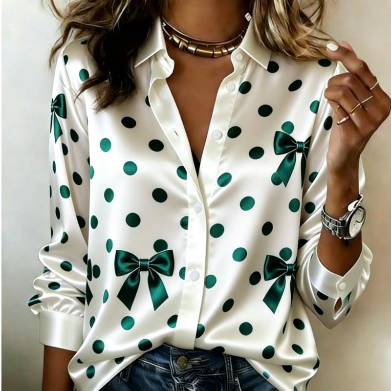 Women Satin Long Sleeve Shirt Polka Dot Bow Print Blouse Lapel Single Breasted Loose Office Tops