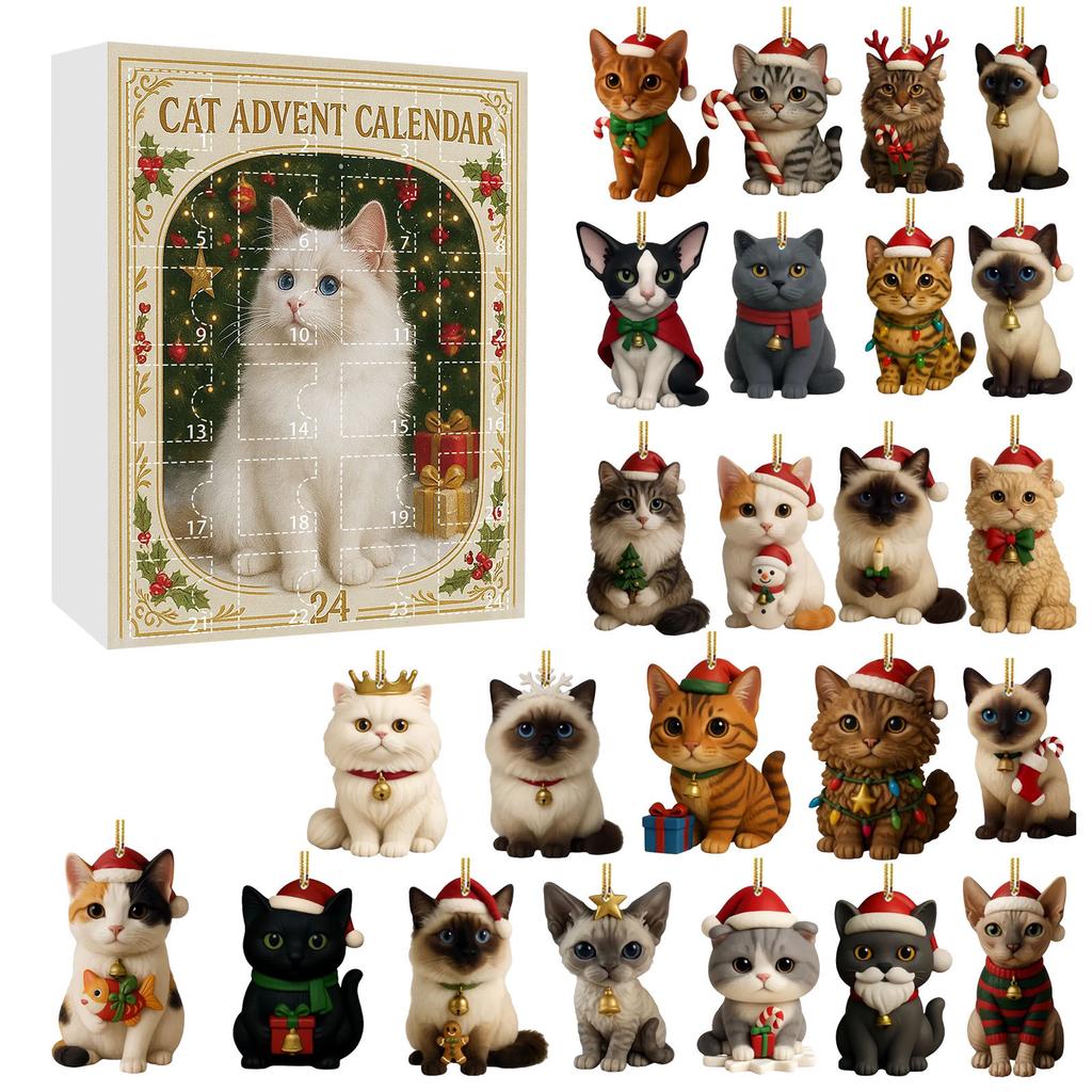 Advent Calendar 2025 24 Days Christmas Countdown with 24Pcs 2D Acrylic Cute Kitten Tree Decoration for Xmas Cat Lovers Gifts