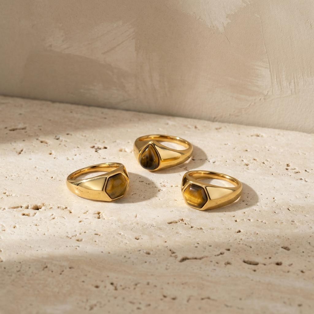 Vnox Romantic Gold Color Heart Water Drop Shaped Natural Stone Ring, Stainless Steel Geometric Natural Tiger Eyes Rings Jewelry