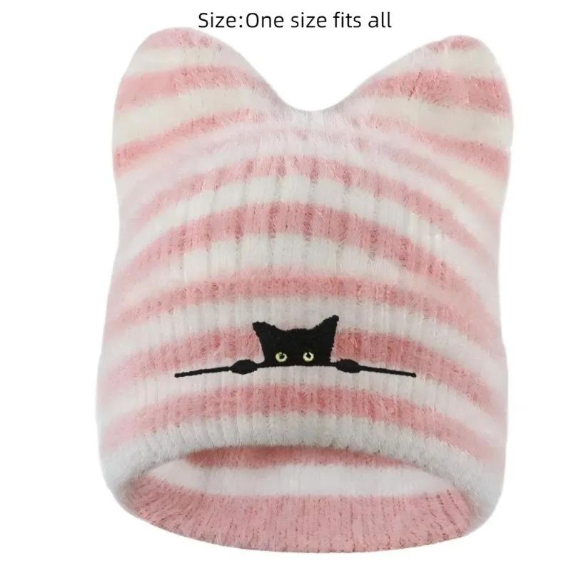Fashion Keep Warm Women Cat Ear Knitted Hat Windproof Cold Proof Pullover Hat Thickned Embroidered Hat Outdoor Sports