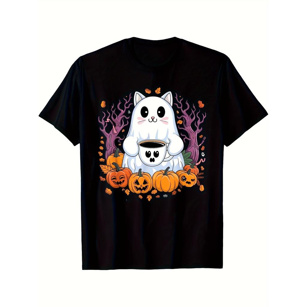 Men's Soft Black T-Shirt with Cute Cats, Pumpkins & Coffee Cup Fall Graphic Short Sleeve Round