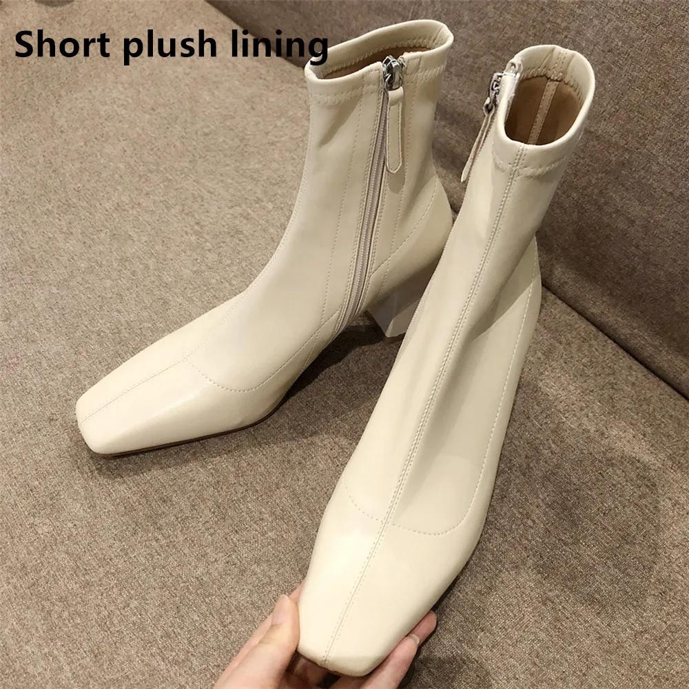 Fashion 2025 Autumn Winter Thick Heel Shoes Fashion Women Ankle Boots Sexy Square Toe Yarn Elastic Socks Boots Zip Boot Size 33-40 Black