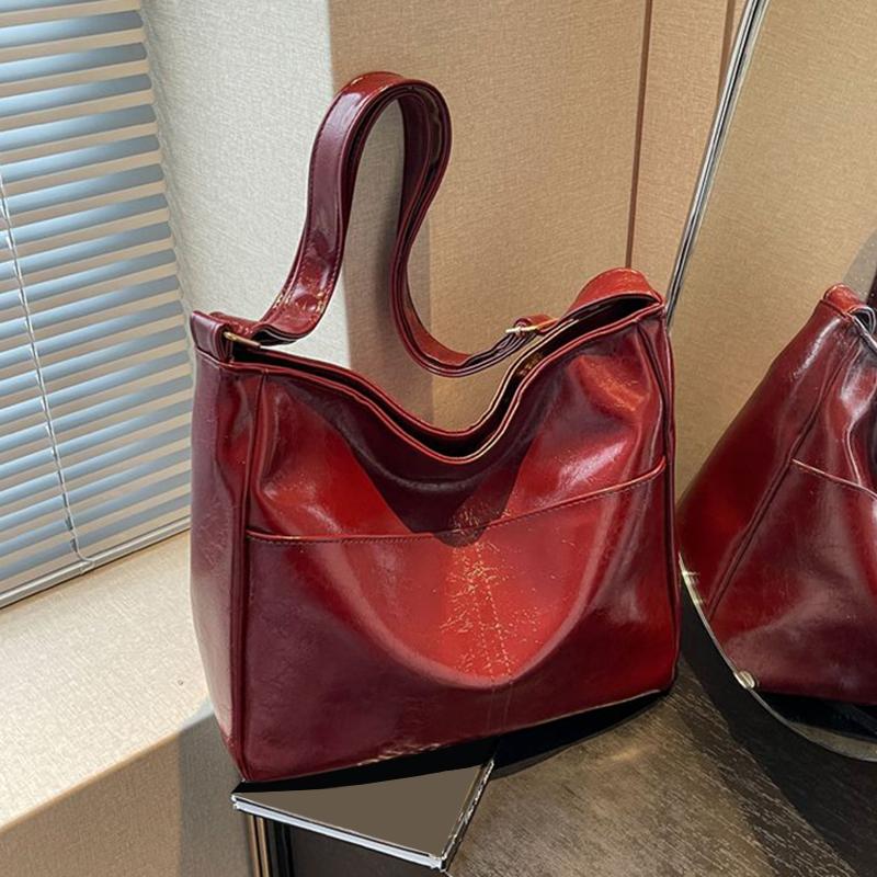 

Yogodlns Красная Большая Вместительная Сумка Через Плечо Из Масляной Вощеной Кожи Яркая Поверхность Женские Новые Универсальные Сумки-Тоут Повседневная Высококачественная Сумка-Хобо