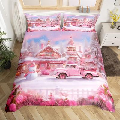 Dream Pink Three-Piece Quilt Cover Digital Printing Bedding Set Snowman Truck Bed Cover