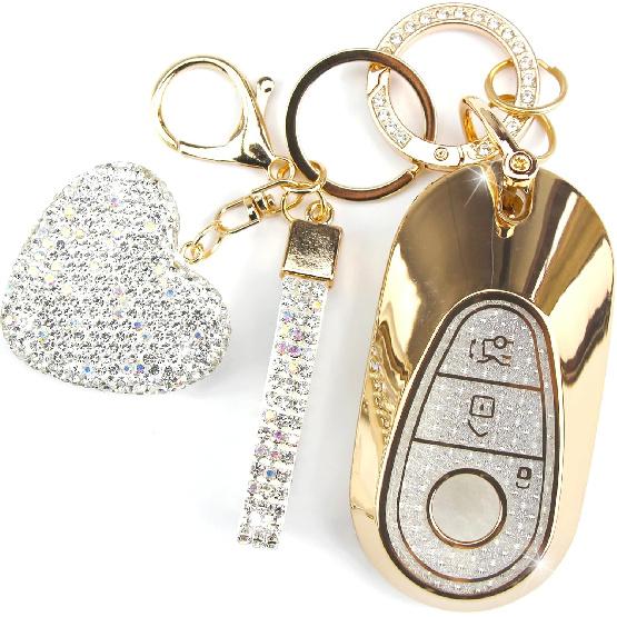 Key Fob Cover with Diamond Keychain Car Key Holder Case Compatible with - Benz S-Class G-Class E-Class Smart Remote Key Protector for Women, 3
