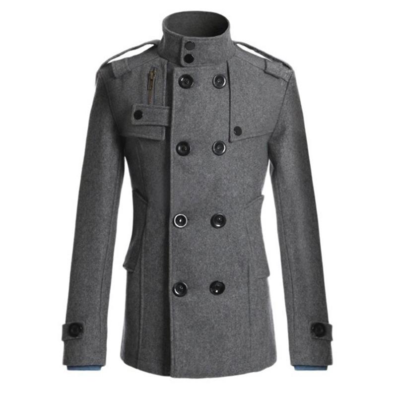 European American Men's Slim Fit Casual Double Breasted Mid Length Fashion Long Sleeved Woolen Coat Windbreaker Coat
