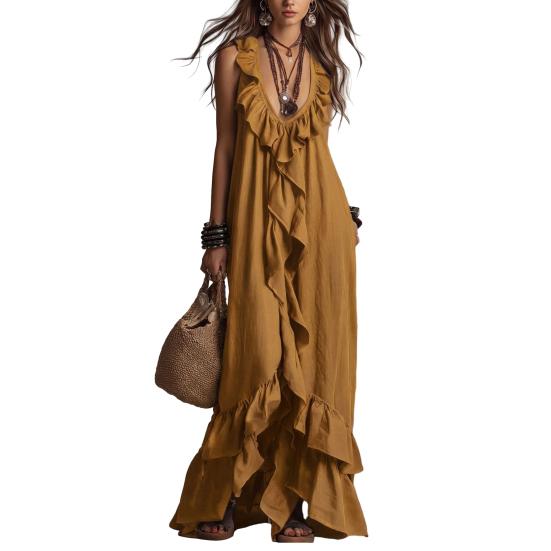 

Women Bohemian Long Dress Summer Ruffle Deep V Neck Sleeveless Swing XL земля жовтий колір