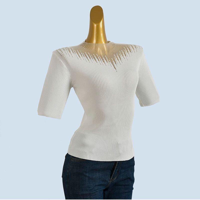 Half-high Collar Tulle Hollow Lace Knitted Short Sleeve Ice Shirt Silk T-shirt Women's Spring Summer Half Sleeve Western Style Base Top