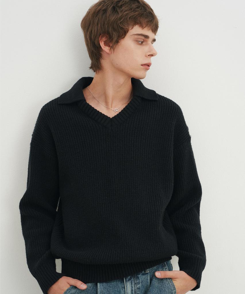 BLOND9 Open Collar V-Neck Knit_Black