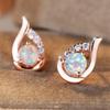 White Fire Opal Round Stone Stud Earrings For Women Vintage Black Rose Gold Silver Color Angel Wings Earring Engagement Jewelry